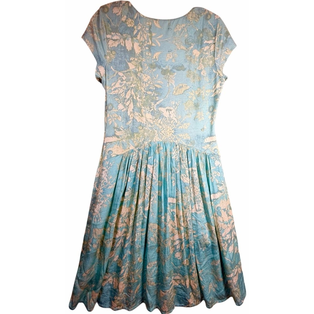 Peruvian Connection White Lotus Aqua Floral Fit & Flare Dress Small Pockets - Picture 5 of 14